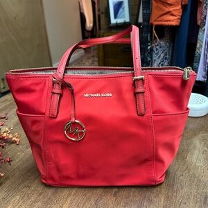 Michael Kors Red Leather Tote with Signature Charm